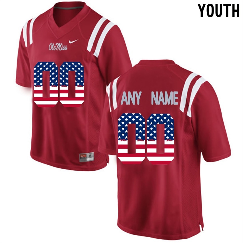 Custom Ole Miss Rebels NCAA Youth Red #00 Stitched US Flag Fashion Limited College Football Jersey CKN2058DY